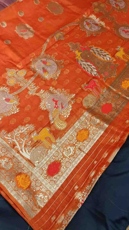 ORANGE PARROT PARTY BANARASI ORGANZA SAREE