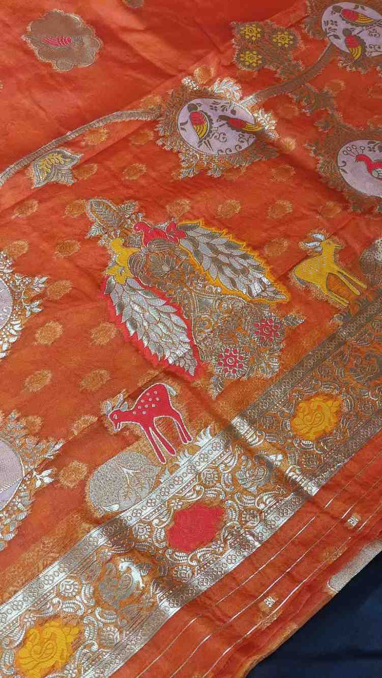 ORANGE PARROT PARTY BANARASI ORGANZA SAREE