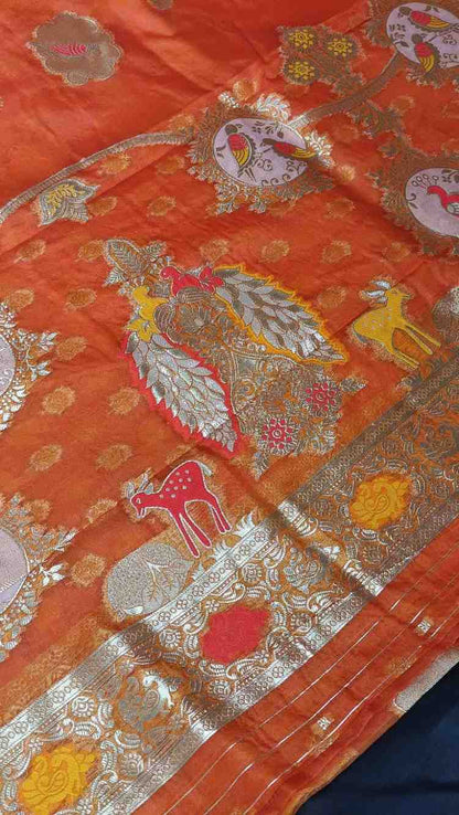 ORANGE PARROT PARTY BANARASI ORGANZA SAREE