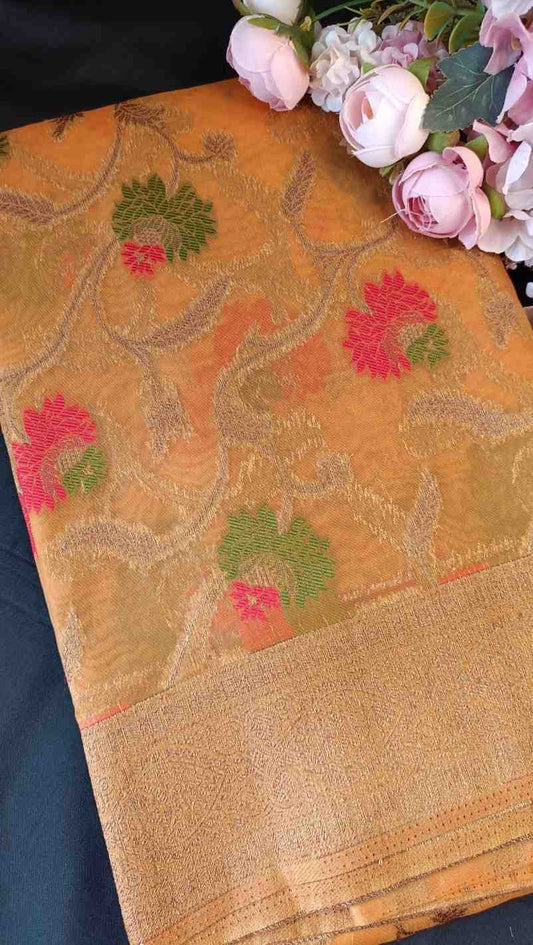 YELLOW ANTIQUE MEENA JAAL PARTY ORGANZA