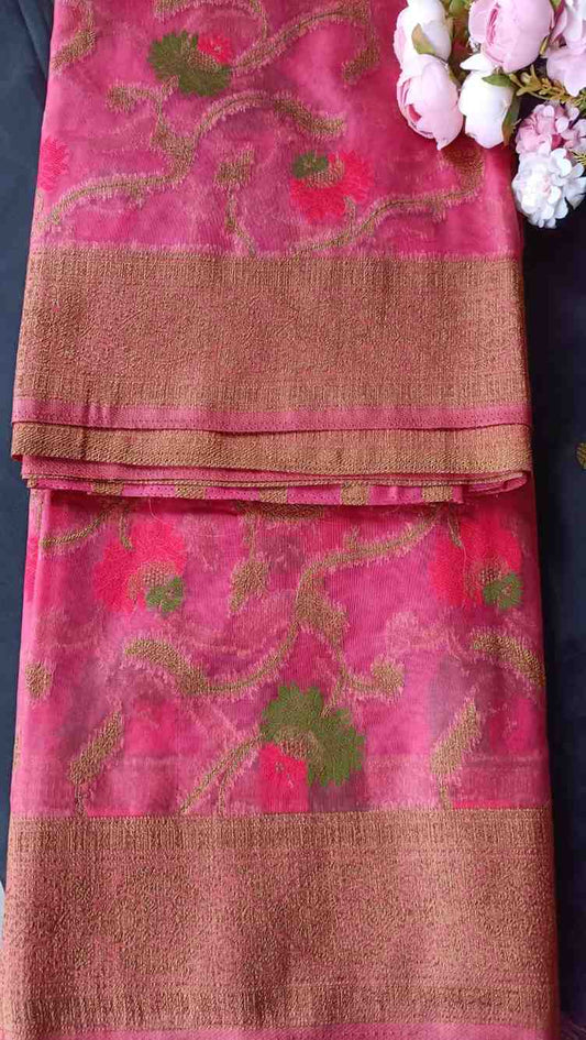 ONION PINK ANTIQUE MEENA JAAL PARTY ORGANZA