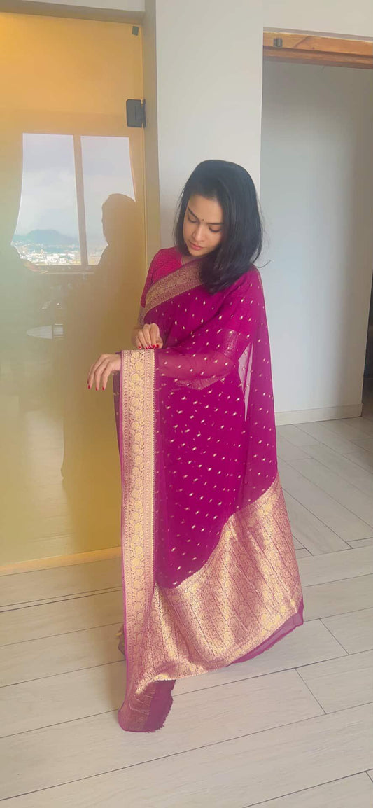 WINE BUTI PURE BANARASI KHADDI GEORGETTE SAREE