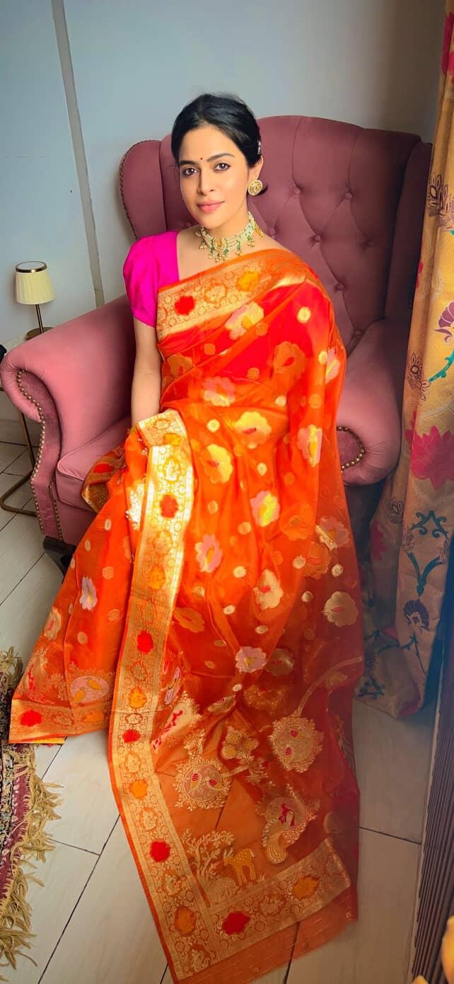 ORANGE PARROT PARTY BANARASI ORGANZA SAREE