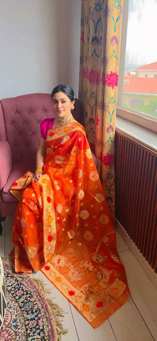 ORANGE PARROT PARTY BANARASI ORGANZA SAREE