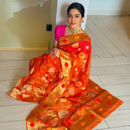 ORANGE PARROT PARTY BANARASI ORGANZA SAREE