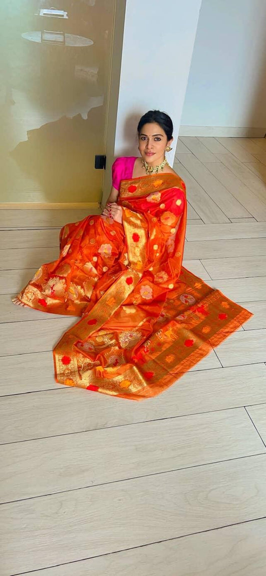 ORANGE PARROT PARTY BANARASI ORGANZA SAREE