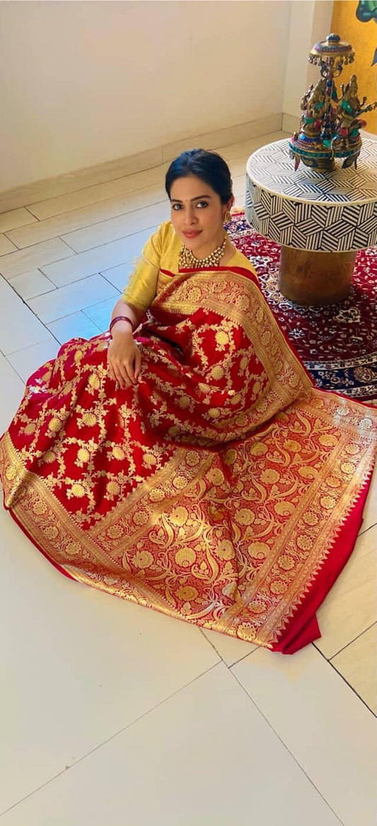 RED FLORAL JAAL BANARASI SATIN SILK SAREE