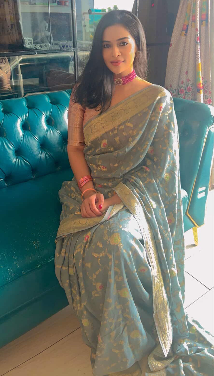 GREY MEENAKARI FLORAL JAAL PURE BANARASI KHADDI GEORGETTE SAREE