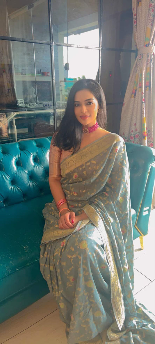 GREY MEENAKARI FLORAL JAAL PURE BANARASI KHADDI GEORGETTE SAREE