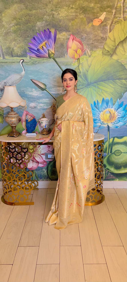 CREAM MEENAKARI PURE KHADDI CHIFFON SAREE