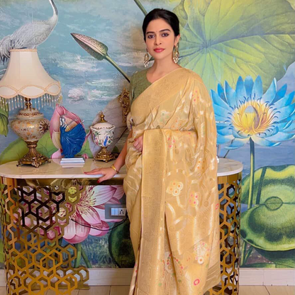 CREAM MEENAKARI PURE KHADDI CHIFFON SAREE