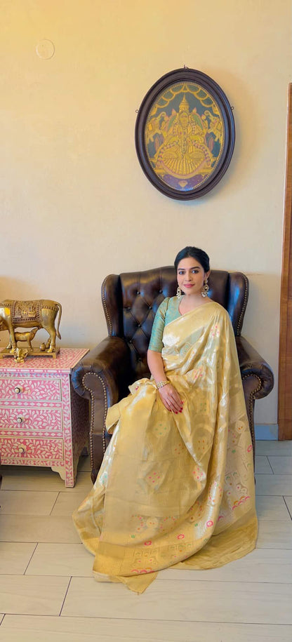 CREAM MEENAKARI PURE KHADDI CHIFFON SAREE