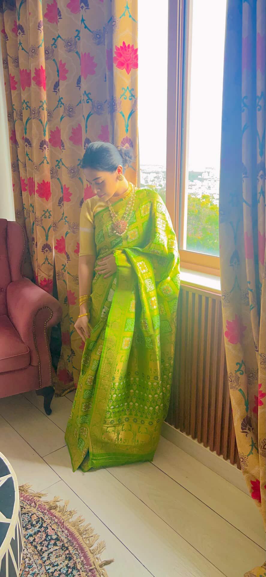 VIBRANT PARROT GREEN CHARM BANDHEJ BANARASI SEMI SILK SAREE