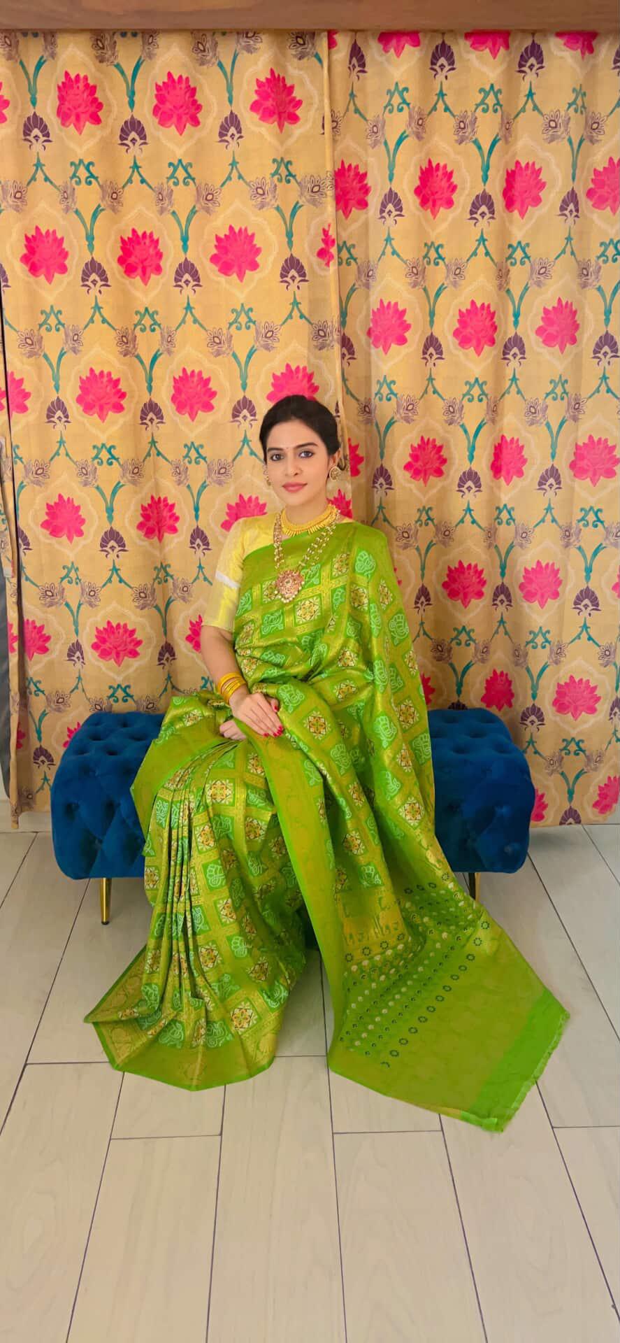 VIBRANT PARROT GREEN CHARM BANDHEJ BANARASI SEMI SILK SAREE