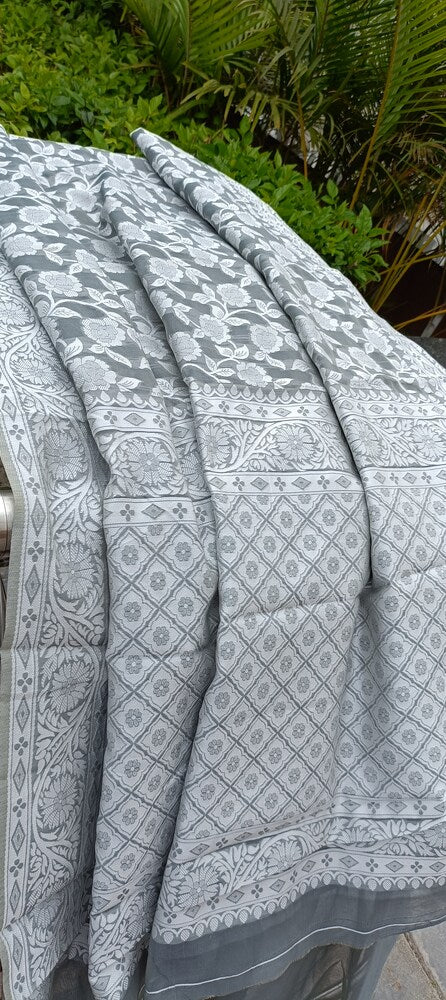 GREY FLORAL BANARASI COTTON WEAVE SAREE