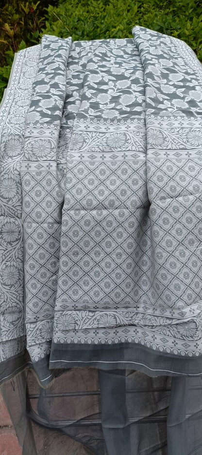 GREY FLORAL BANARASI COTTON WEAVE SAREE