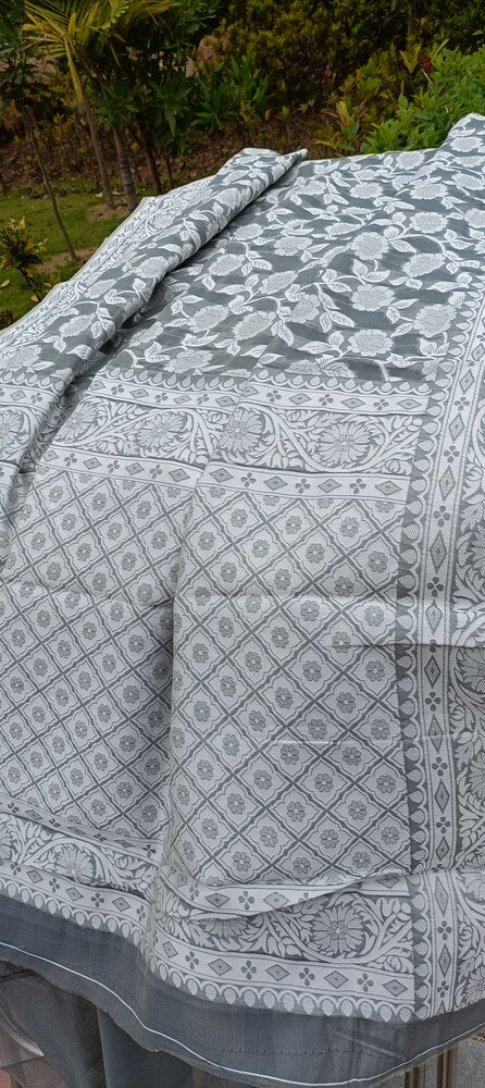 GREY FLORAL BANARASI COTTON WEAVE SAREE