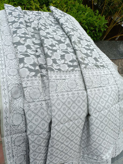 GREY FLORAL BANARASI COTTON WEAVE SAREE