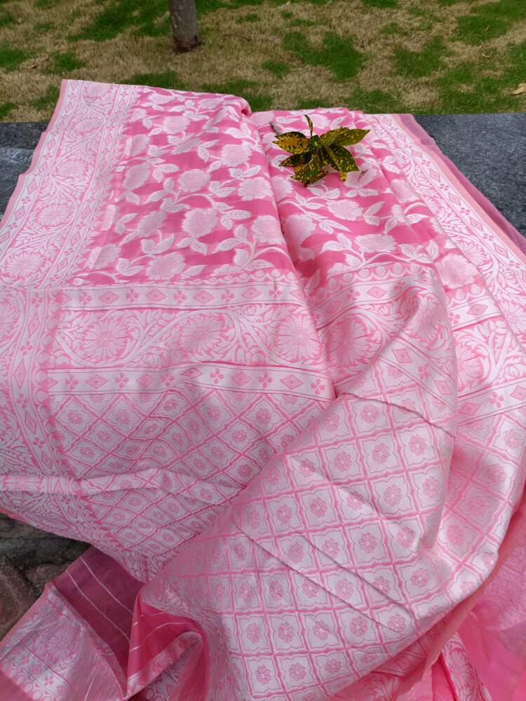 PINK FLORAL BANARASI COTTON WEAVE SAREE