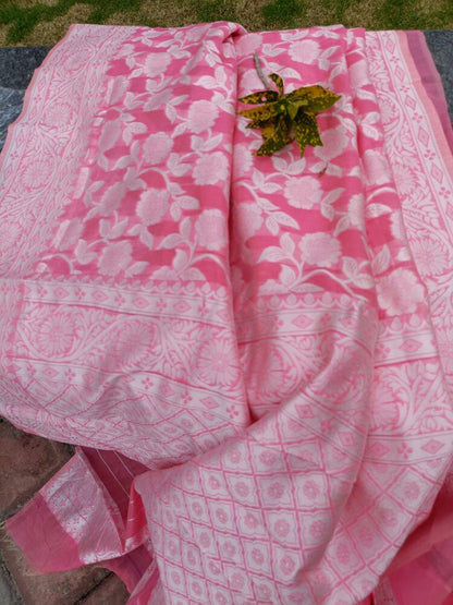 PINK FLORAL BANARASI COTTON WEAVE SAREE