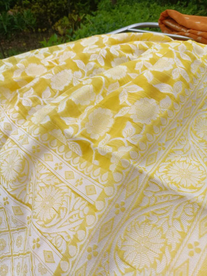 YELLOW FLORAL BANARASI COTTON WEAVE SAREE