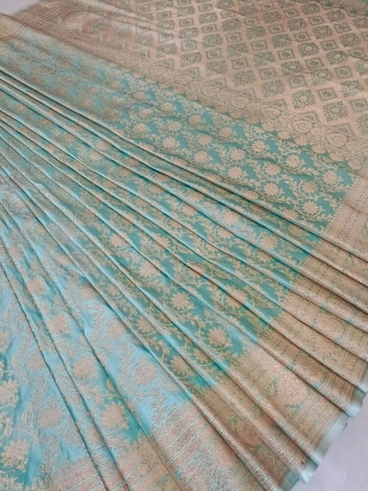 PISTA GREEN FLORAL JAAL BANARASI KATAN SILK SAREE