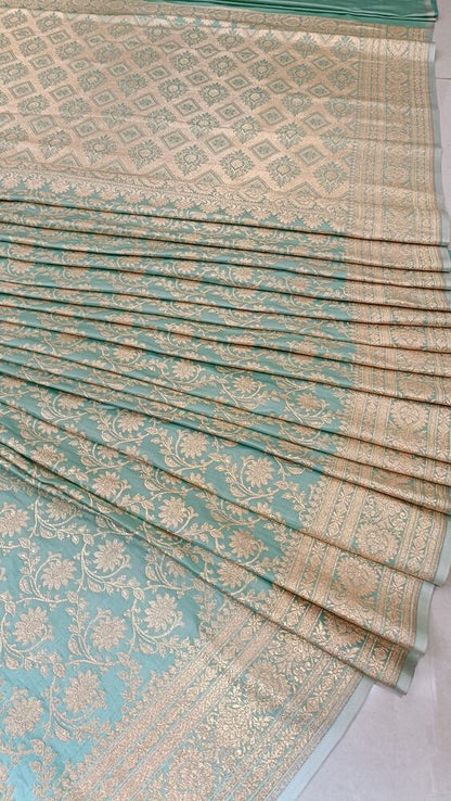 PISTA GREEN FLORAL JAAL BANARASI KATAN SILK SAREE