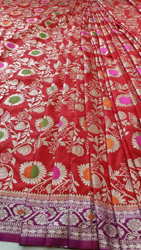 RED MEENAKARI FLORAL JAAL BANARASI SOFT SILK SAREE