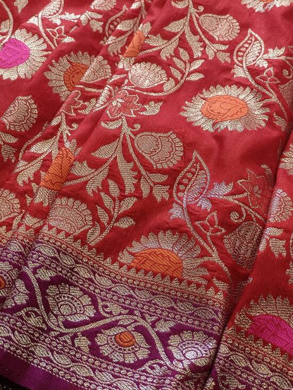 RED MEENAKARI FLORAL JAAL BANARASI SOFT SILK SAREE