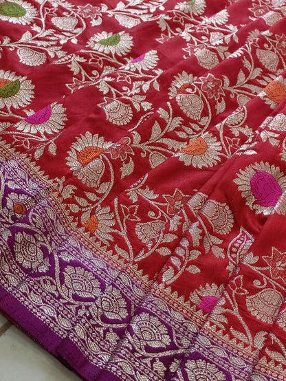 RED MEENAKARI FLORAL JAAL BANARASI SOFT SILK SAREE