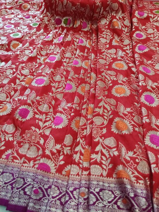 RED MEENAKARI FLORAL JAAL BANARASI SOFT SILK SAREE