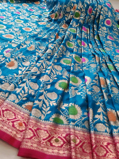 BLUE MEENAKARI FLORAL JAAL BANARASI SOFT SILK SAREE