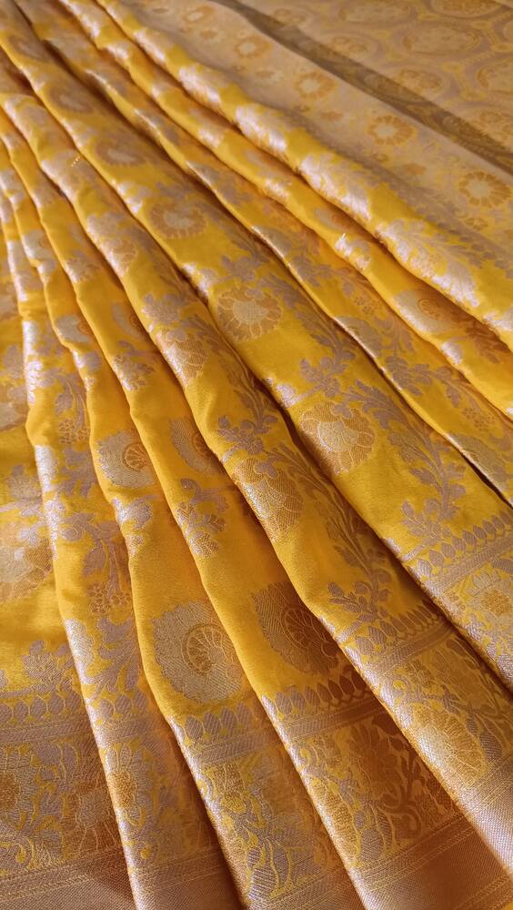 YELLOW FLORAL JAAL BANARASI CHINON SILK SAREE