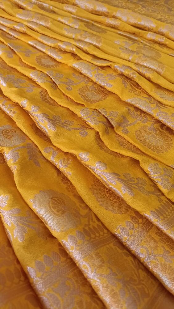 YELLOW FLORAL JAAL BANARASI CHINON SILK SAREE