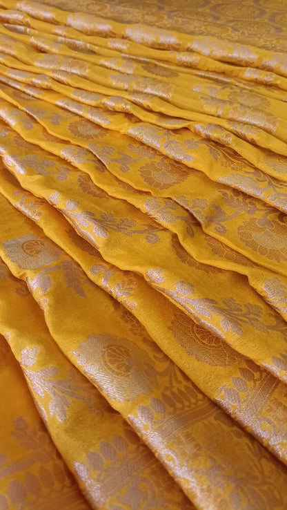 YELLOW FLORAL JAAL BANARASI CHINON SILK SAREE