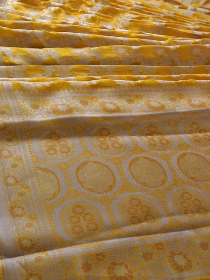 YELLOW FLORAL JAAL BANARASI CHINON SILK SAREE