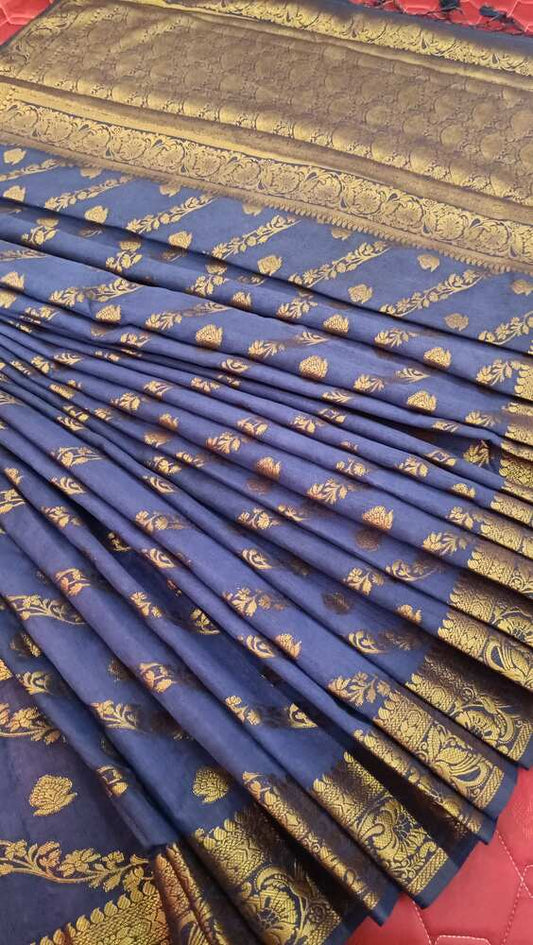 NAVY BLUE LEHARIYA BANARASI DUPION SILK COTTON SAREE