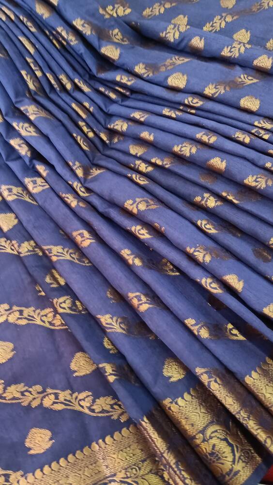 NAVY BLUE LEHARIYA BANARASI DUPION SILK COTTON SAREE