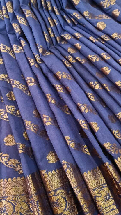 NAVY BLUE LEHARIYA BANARASI DUPION SILK COTTON SAREE