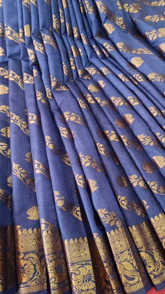 NAVY BLUE LEHARIYA BANARASI DUPION SILK COTTON SAREE