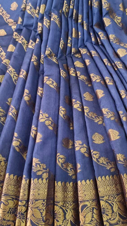 NAVY BLUE LEHARIYA BANARASI DUPION SILK COTTON SAREE