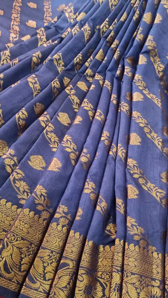 NAVY BLUE LEHARIYA BANARASI DUPION SILK COTTON SAREE