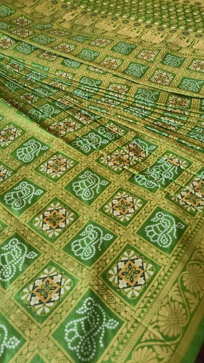 VIBRANT PARROT GREEN CHARM BANDHEJ BANARASI SEMI SILK SAREE