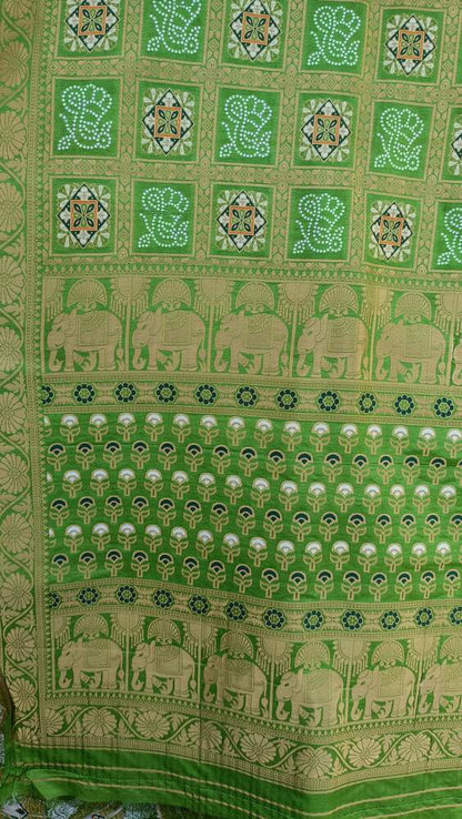 VIBRANT PARROT GREEN CHARM BANDHEJ BANARASI SEMI SILK SAREE