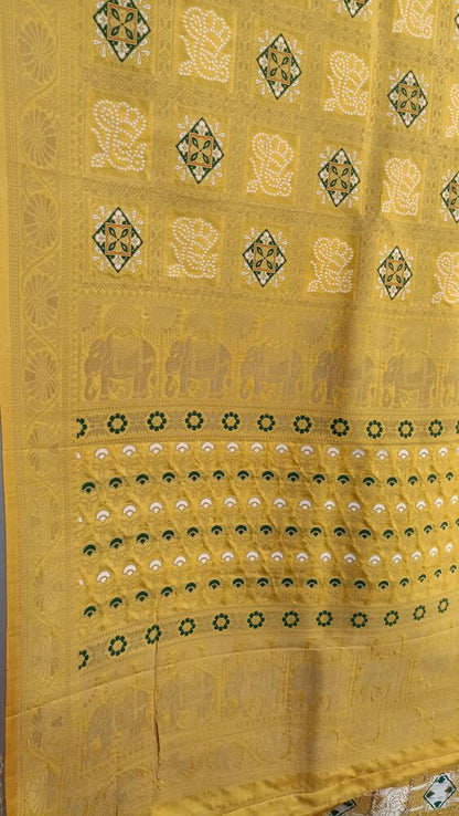 RADIANT SUNSHINE GLOW BANDHEJ BANARASI SEMI SILK SAREE