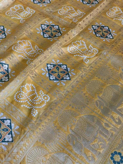 RADIANT SUNSHINE GLOW BANDHEJ BANARASI SEMI SILK SAREE