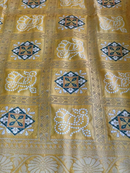 RADIANT SUNSHINE GLOW BANDHEJ BANARASI SEMI SILK SAREE