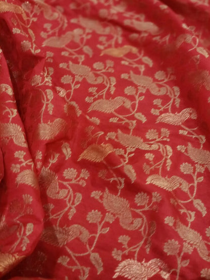 RED PEACOCK FLORAL JAAL BANARASI SEMI SILK SAREE