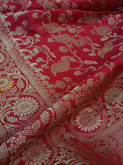 RED PEACOCK FLORAL JAAL BANARASI SEMI SILK SAREE