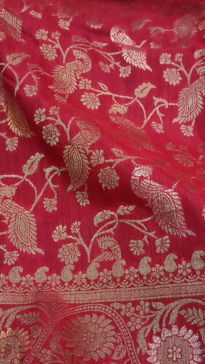 RED PEACOCK FLORAL JAAL BANARASI SEMI SILK SAREE